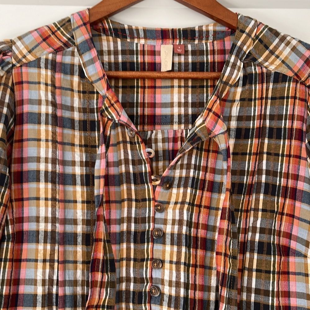 Anthropologie Pilcro Multicolor Plaid Tie Neck Blouse S - Picture 5 of 10